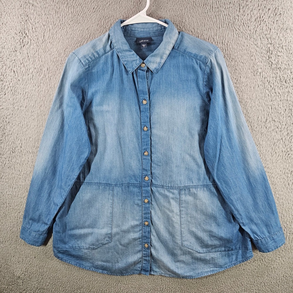 J. Jill Denim Womens Small Blue Chambray Button Down Shirt Pockets 100% Cotton